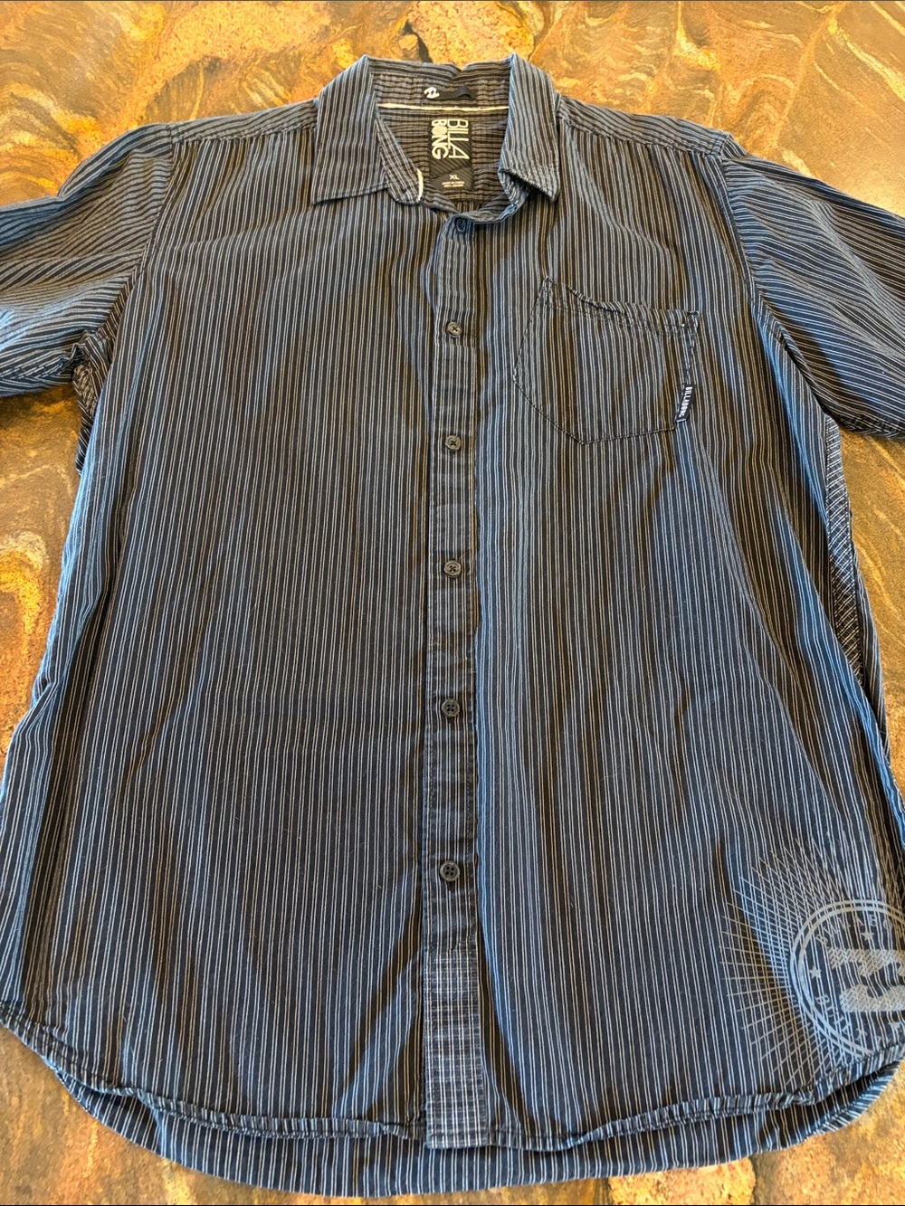 Billabong Men’s Navy and Black Pinstripe Short-Sleeve Button-Up Shirt
